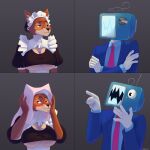  4_panel_comic absurd_res anthro big_breasts blush breasts canid canine clothing disney duo female for_a_head fox headgear headwear hi_res kelnich maid_headdress maid_marian maid_uniform male male/female mammal meme multicolored_body narrowed_eyes necktie nikkosha object_head open_mouth perry_the_platypus red_necktie robin_hood_(disney) screen screen_face screen_head squint suit surprised_expression television tv_head two_tone_body under_boob uniform 