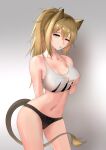  1girl absurdres adapted_costume animal_ear_fluff animal_ears arknights arm_behind_back bare_shoulders black_panties blonde_hair breasts candy cleavage collarbone contrapposto cowboy_shot crop_top expressionless food grey_background highres large_breasts lion_ears lion_girl lion_tail lollipop long_hair looking_at_viewer mouth_hold navel panties self_fondle siege_(arknights) simple_background sleeveless solo stomach tail underwear yellow_eyes yzbr 