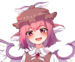  1girl :d animal_ears bangs bird_ears bird_wings blush commentary_request earrings eyebrows_visible_through_hair feathered_wings gumi_9357 hat head_tilt jewelry looking_at_viewer mob_cap mystia_lorelei open_mouth pink_hair short_hair simple_background single_earring smile solo touhou upper_body white_background wings 