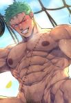  1boy abs bara blush completely_nude cropped dumbbell earrings firenzesaika green_hair grin jewelry large_pectorals looking_at_viewer male_focus male_pubic_hair muscular muscular_male navel nipples nude one_eye_closed one_piece pectorals pubic_hair roronoa_zoro scar scar_across_eye scar_on_chest scar_on_face short_hair smile solo sunlight sweat teeth weightlifting 