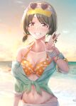  absurdres bangs beach bikini collarbone commentary_request earrings eyebrows_visible_through_hair eyewear_on_head green_eyes green_hair green_shirt grin hair_ornament hairclip heart heart-shaped_eyewear highres idolmaster idolmaster_shiny_colors jewelry light_blush looking_at_viewer nail_polish nanakusa_nichika navel ocean open_clothes open_shirt orange_bikini over_shoulder polka_dot polka_dot_bikini ring shirt short_hair short_twintails sleeves_rolled_up smile solo stomach sunglasses sunset swimsuit teeth tied_shirt tonguewasabi twintails v visor_cap wet 
