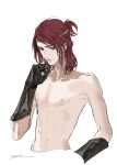  1boy collarbone commentary cropped_torso elden_ring english_commentary gauntlets half_updo hand_up headband looking_at_viewer male_focus nude red_eyes red_hair ruint simple_background solo tarnished_(elden_ring) white_background 