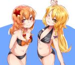  2girls azusa_(cookie) bangs bikini black_bikini blonde_hair blue_background blush bow braid breasts cleavage closed_mouth commentary_request cookie_(touhou) cowboy_shot eyebrows_visible_through_hair eyepatch_bikini flat_chest grin hair_bow hair_ornament halter_top halterneck highres kirisame_marisa long_hair looking_at_viewer medium_breasts multiple_girls navel one_eye_closed purple_bow red_star rei_(cookie) side_braid single_braid smile star_(symbol) star_hair_ornament swimsuit touhou two-tone_background white_background yellow_eyes yumekamaborosh 