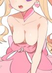  1girl blonde_hair breasts breasts_out clothes_pull dress_pull earrings eyepatch harime_nui head_out_of_frame highres jewelry kill_la_kill long_hair morisobo nipples open_mouth simple_background solo very_long_hair white_background 