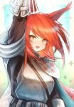  1girl 3_(sanyako1) :d absurdres animal_ears arknights arm_up bangs blue_background blush breasts bright_pupils brown_eyes eyebrows_visible_through_hair flametail_(arknights) gauntlets gradient gradient_background green_background highres long_hair looking_at_viewer medium_breasts open_mouth red_hair shoulder_strap smile solo squirrel_ears swept_bangs upper_body very_long_hair 