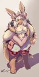 absurd_res big_breasts black_eyes breasts brown_body brown_fur expressionless female front_view fur grey_hair grey_inner_ear hair hi_res looking_aside looking_at_viewer made_in_abyss multicolored_body multicolored_fur nanachi narrowed_eyes open_mouth pupils qvq1024 simple_background smile solo tan_body tan_fur yellow_eyes 