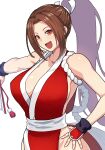  1girl bangs bare_shoulders breasts brown_eyes brown_hair center_opening cleavage collarbone dress fatal_fury folding_fan forehead hand_fan high_ponytail highres holding holding_fan huge_breasts japanese_clothes long_hair looking_at_viewer ninja parted_bangs pelvic_curtain pononozo ponytail red_dress sash shiranui_mai sideboob smile solo the_king_of_fighters 