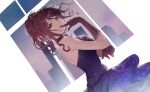 1girl :o black_gloves building dress ezusa9962027 finger_to_mouth floating_hair gloves highres idolmaster idolmaster_cinderella_girls lace-trimmed_gloves lace_trim looking_at_viewer mifune_miyu ponytail purple_dress red_hair solo wavy_hair window 