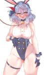  1girl ako_(blue_archive) animal_ears ass_visible_through_thighs bare_shoulders bell black_gloves blue_archive blue_eyes blue_hair blush breasts collar covered_navel cowboy_shot eyebrows_visible_through_hair fake_animal_ears gloves hair_between_eyes hair_ribbon heavy_breathing highleg highleg_leotard highres large_breasts leotard long_hair looking_at_viewer open_mouth paid_reward_available playboy_bunny rabbit_ears ribbon simple_background skindentation solo standing sweat tears thick_thighs thigh_strap thighs wakura_(gcdan) white_background 