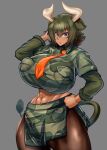  1girl :/ abs animal_ears arm_up aurochs_(kemono_friends) bangs breast_pocket breasts brown_eyes brown_hair brown_legwear camouflage camouflage_shirt camouflage_skirt closed_mouth collared_shirt cow_ears cow_girl cow_tail cowboy_shot cropped_shirt curvy dark-skinned_female dark_skin eyebrows_visible_through_hair eyes_visible_through_hair gigantic_breasts green_hair grey_background hair_between_eyes hand_on_hip highres horns impossible_clothes impossible_shirt kemono_friends layered_sleeves long_sleeves looking_at_viewer medium_hair midriff miniskirt multicolored_hair naochi_(bobi8081) necktie pantyhose pocket print_shirt print_skirt red_necktie shirt short_over_long_sleeves short_sleeves side_slit simple_background skirt solo stomach tail toned wing_collar 