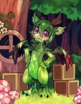  3_fingers 3_toes anthro box container detailed_background dragon extyrannomon_(artist) fangs feet female fingers flower fungus fur grass green_body green_fur green_hair green_scales hair hands_on_hips hi_res horn inner_ear_fluff kyisha leaf looking_at_viewer mushroom plant purple_eyes scales solo toes tree tuft window wings 
