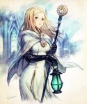  1girl artist_name black_gloves blonde_hair breasts brooch brown_eyes cape dress elbow_gloves floating_hair gloves holding holding_lamp holding_staff jewelry long_dress looking_at_viewer medium_breasts medium_hair octopath_traveler ophilia_(octopath_traveler) parted_lips satou_kivi solo staff white_cape white_dress 