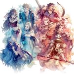  4boys 4girls alfyn_(octopath_traveler) animal ascot bandaged_arm bandages blonde_hair book bow_(weapon) breasts brooch brown_hair cape closed_eyes closed_mouth crop_top cyrus_(octopath_traveler) dancer dark_blue_hair drawing_bow dress everyone fur-trimmed_cape fur_trim h&#039;aanit_(octopath_traveler) holding holding_book holding_bow_(weapon) holding_lamp holding_staff holding_sword holding_weapon jewelry leopard linde_(octopath_traveler) long_hair long_sleeves medium_breasts multiple_boys multiple_girls octopath_traveler off-shoulder_shirt off_shoulder official_art olberic_eisenberg open_mouth ophilia_(octopath_traveler) poncho ponytail primrose_azelhart ribbon satou_kivi scarf shirt short_hair short_sleeves smile snow_leopard staff sword therion_(octopath_traveler) tressa_(octopath_traveler) weapon white_ascot white_dress white_hair wrist_ribbon 