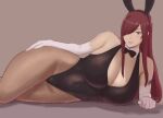  1girl animal_ears bow bowtie breasts cleavage collar elbow_gloves erza_scarlet fairy_tail gloves hair_over_one_eye huge_breasts leotard lips long_hair lying ma_mi_fe playboy_bunny rabbit_ears red_hair smile solo thighs 