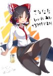  1girl absurdres bangs beer_can black_hair black_legwear black_skirt blush bow breasts brown_eyes can cigarette collared_shirt commentary_request cookie_(touhou) eyebrows_visible_through_hair frilled_bow frilled_hair_tubes frills full_body hair_bow hair_tubes hakurei_reimu highres leggings looking_at_viewer medium_breasts necktie no_shoes office_lady open_mouth parted_bangs red_bow red_necktie sananana_(cookie) shirt short_hair skirt smoking solo stuffed_animal stuffed_dolphin stuffed_toy touhou translation_request white_background white_shirt yumekamaborosh 