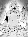  1girl :d bangs blood blood_from_mouth blood_on_chest blush bob_cut breasts chchi_game chimera dripping dungeon_meshi falin_thorden feathers from_below greyscale hand_up highres holding looking_at_viewer looking_down monochrome monster_girl navel nude scene_reference severed_limb sketch smile spoilers underboob wings 