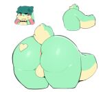  anthro anus balls barely_visible_anus bent_over berseepon09 big_butt black_pupils butt cross-popping_vein genitals green_body green_hair hair heart_(marking) lagomorph leporid male mammal nude open_mouth pupils rabbit red_eyes solo thick_thighs 