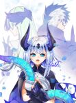  1boy 2girls :o aslaug_(fate) black_gloves black_hair blue_eyes bow_(weapon) bright_pupils brynhildr_(fate) cape circlet fate/lost_einherjar fate_(series) father_and_daughter glasses gloves holding holding_bow_(weapon) holding_weapon horns lapis429 long_hair looking_at_viewer mother_and_daughter multicolored_hair multiple_girls open_mouth short_hair signature sigurd_(fate) two-tone_hair upper_body weapon white_hair 