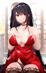  1girl absurdres azur_lane black_hair breasts brown_panties center_opening choker cleavage cocktail_dress covered_nipples dress evening_gown hair_ornament hands_on_own_chest highres indoors lace-trimmed_legwear lace_trim large_breasts long_hair official_alternate_costume panties red_choker red_dress red_eyes samip sideways_glance sleeveless sleeveless_dress taihou_(azur_lane) taihou_(forbidden_feast)_(azur_lane) underwear very_long_hair 