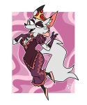  abstract_background anthro canid canine clothed clothing crown dress ear_piercing ear_ring female fox fur gloves hand_on_chest handwear hi_res jewelry mammal nakhta necklace piercing queen red_eyes royalty skullracket smile solo white_body white_fur 