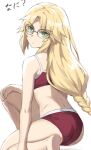 1girl ass blonde_hair bra braid eyebrows_visible_through_hair fate/apocrypha fate_(series) from_behind glasses green_eyes highres long_hair looking_at_viewer midriff mordred_(fate) mordred_(fate/apocrypha) panties red_bra red_panties simple_background solo tonee translation_request underwear underwear_only white_background 