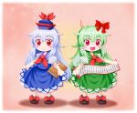  2girls :d blue_hair book chibi dress dual_persona ex-keine green_dress green_hair hat horn_ornament horn_ribbon horns kamishirasawa_keine long_hair looking_at_viewer multicolored_hair multiple_girls neckerchief open_mouth red_eyes ribbon ryuu-g scroll smile tail touhou two-tone_hair 