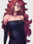  1girl alternate_costume android_21 black_dress blue_eyes breasts closed_mouth collarbone dragon_ball dragon_ball_fighterz dress earrings glasses hair_between_eyes hoop_earrings jewelry kemachiku long_hair looking_at_viewer medium_breasts red_hair solo 