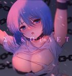 1girl arms_up azur_lane blue_hair blush breasts chain chained_wrists chapayev_(azur_lane) chapayev_(the_captive_cavalier)_(azur_lane) cleavage cuffs grey_background hair_between_eyes highres official_alternate_costume sakopaet shackles shirt simple_background solo torn_clothes torn_shirt upper_body 