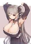  1girl armpits arms_up azur_lane between_breasts black_dress black_ribbon breasts cleavage dress eyebrows_visible_through_hair formidable_(azur_lane) frilled_dress frills from_above grey_hair highres huge_breasts long_hair one_eye_closed red_eyes ribbon se-u-ra simple_background solo twintails two-tone_dress two-tone_ribbon very_long_hair white_ribbon 