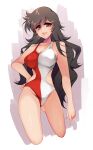  1girl bangs breasts brown_eyes brown_hair cleavage eyebrows_behind_hair great_mazinger hand_on_hip highres hip_vent honoo_jun long_hair mazinger_(series) medium_breasts one-piece_swimsuit red_swimsuit shapiro solo swimsuit two-tone_swimsuit very_long_hair white_swimsuit 