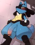  anthro balls blush censored flaccid foreskin genitals humanoid_genitalia humanoid_penis lucario male manmosu_marimo nintendo penis pok&eacute;mon pok&eacute;mon_(species) solo video_games 