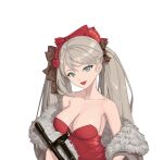  1girl a-545_(girls&#039;_frontline) assault_rifle bangs breasts dress fur-trimmed_jacket fur_trim girls&#039;_frontline green_eyes gun highres holding jacket long_hair looking_at_viewer lyuan545531 medium_breasts open_mouth red_dress revision rifle simple_background smile solo twintails upper_body weapon white_background 