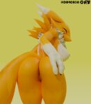  anthro bandai_namco big_breasts big_butt blender_(software) breasts butt digimon digimon_(species) dr4ch3n eyes_closed female genitals hand_on_butt leaning leaning_forward looking_back nipples pussy renamon solo thick_thighs warfare_machine 