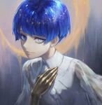  1other androgynous bangs blue_eyes blue_hair blunt_bangs collared_shirt colored_eyelashes crystal_hair golden_arms green_eyes hand_on_own_chest heterochromia highres houseki_no_kuni light_smile long_sleeves looking_at_viewer phosphophyllite see-through_sleeves shirt short_hair solo spoilers upper_body white_shirt wide_sleeves zieru 