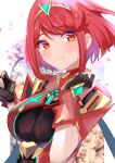  1girl bangs black_gloves breasts chest_jewel earrings fingerless_gloves gem gloves headpiece highres jewelry kyaro_(wanu_14) large_breasts pyra_(xenoblade) red_eyes red_hair red_shorts short_hair short_shorts shorts solo swept_bangs tiara xenoblade_chronicles_(series) xenoblade_chronicles_2 