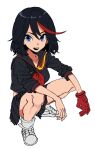  1girl black_hair black_sailor_collar black_shirt black_skirt blue_eyes boots commentary_request gloves hair_between_eyes kill_la_kill looking_at_viewer matoi_ryuuko medium_hair midriff_peek multicolored_hair neckerchief open_mouth pleated_skirt red_gloves red_hair red_neckerchief sailor_collar school_uniform senketsu serafuku shirt simple_background single_glove skirt sleeves_rolled_up solo squatting streaked_hair thighs two-tone_hair urkt_10 white_background white_footwear 