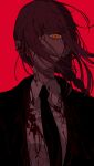  1girl bangs black_jacket black_necktie blood blood_on_clothes blood_on_face braid business_suit chainsaw_man dress_shirt formal hair_over_one_eye highres jacket long_hair looking_at_viewer makima_(chainsaw_man) necktie orange_eyes red_background red_hair ringed_eyes shirt simple_background single_braid solo suit suit_jacket upper_body urkt_10 white_shirt wing_collar 