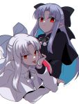  2girls bangs black_bow black_capelet blue_hair bow capelet closed_mouth eyebrows_visible_through_hair fur-trimmed_capelet fur_trim hair_between_eyes hair_bow head_rest highres len_(tsukihime) long_hair long_sleeves looking_at_viewer multicolored_hair multiple_girls nanase_hr neck_ribbon pointy_ears red_eyes red_hair ribbon silver_hair simple_background tongue tongue_out tsukihime twitter_username two-tone_hair upper_body very_long_hair white_background white_bow white_capelet white_len_(tsukihime) white_ribbon 