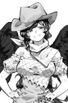  1girl bangs blush cowboy_hat feathered_wings fugota6509 greyscale hands_on_hips hat highres kurokoma_saki long_hair looking_to_the_side monochrome off-shoulder_shirt off_shoulder scarf shirt skirt smile solo swept_bangs touhou upper_body wavy_hair wings 
