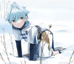  1boy bangs blue_eyes blue_hair chinese_clothes chongyun_(genshin_impact) commentary_request eyebrows_visible_through_hair footprints genshin_impact hood long_sleeves looking_at_viewer male_focus outdoors shimanakao_(shimanaka_sushi) short_hair snow solo winter 