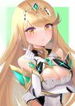  bangs bare_shoulders blonde_hair breasts chest_jewel cleavage cleavage_cutout clothing_cutout dress earrings elbow_gloves gloves highres jewelry kyaro_(wanu_14) large_breasts long_hair mythra_(xenoblade) solo swept_bangs tiara very_long_hair white_dress white_gloves xenoblade_chronicles_(series) xenoblade_chronicles_2 yellow_eyes 
