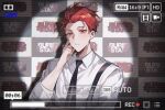  1boy black_necktie buried_stars chinese_commentary closed_mouth collared_shirt commentary copyright_name hand_on_own_face highres logo looking_at_viewer male_focus necktie recording red_eyes red_hair seo_hyesung shirt short_hair solo white_shirt yusa_(yusa0751) 