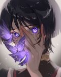  1boy absurdres black_hair bug butterfly genshin_impact hand_on_own_face highres japanese_clothes looking_at_viewer nero_hanken purple_eyes scaramouche_(genshin_impact) short_hair 