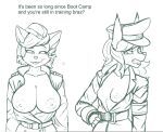  angry anthro big_breasts breast_envy breasts canid canine canis clenched_teeth clothing collarbone cyberconnect2 domestic_cat domestic_dog duo english_text felid feline felis female flam_kish fuga:_melodies_of_steel hair hat headgear headwear little_tail_bronx looking_aside mammal military military_uniform narrowed_eyes nipples redout standing teeth text uniform unknown_artist video_games 