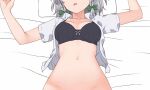  1girl belly black_bra bow bra braid breasts collared_shirt green_bow head_out_of_frame izayoi_sakuya miyo_(ranthath) navel open_clothes open_mouth open_shirt pillow shirt short_hair silver_hair small_breasts solo touhou twin_braids underwear white_background white_shirt 