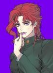  1boy blood blood_in_mouth breasts earrings gakuran genderswap genderswap_(mtf) highres jewelry jojo_no_kimyou_na_bouken kakyoin_noriaki long_hair male_focus purple_blood purple_eyes ranch_jjba red_hair school_uniform solo stardust_crusaders wiping_mouth 