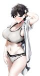  1girl absurdres black_hair blue_eyes blush bra breasts cleavage collarbone dress_shirt grey_bra grey_panties hair_ornament hairclip hand_in_own_hair highres large_breasts navel open_clothes open_shirt original panties reido1177 shirt short_hair sports_bra standing thighs underwear very_short_hair white_background white_shirt wristband 