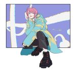  1boy amemura_ramuda bangs blue_eyes candy food full_body highres holding holding_food hood hood_down hoodie hypnosis_mic lollipop long_sleeves pink_hair reichio shoes short_hair sidelocks solo 