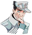  black_hair black_shirt blue_eyes blue_nails brooch collared_coat earrings gold_trim hand_on_own_chin hat highres jewelry jojo_no_kimyou_na_bouken kujo_jotaro long_sleeves looking_at_viewer negative_space portrait second_56 shirt smile thick_eyebrows turtleneck vento_aureo white_background white_headwear 