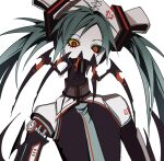  1girl android arthropod_limbs bangs bare_shoulders black_sclera blue_hair ca_(maeda_koutarou) calne_ca collared_shirt colored_sclera detached_sleeves hair_ornament hat hatsune_miku hemostatic high_collar highres horror_(theme) long_hair looking_at_viewer mandibles mechanical_arms mechanical_parts necktie no_mouth no_nose nurse_cap red_eyes saikin_osen_-_bacterial_contamination_-_(vocaloid) shirt single_mechanical_arm sleeveless sleeveless_shirt solo twintails vocaloid yellow_sclera 